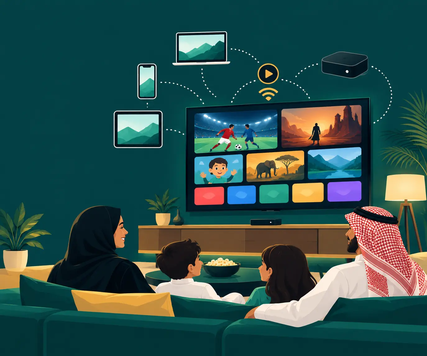 اشتراك IPTV في السعودية - عائلة تشاهد القنوات والأفلام على التلفاز الذكي والجوال